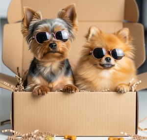 Two adorable small dogs with sunglasses, representing the Bi-Weekly Relief package (Bi-Weekly) pooper scooper service.