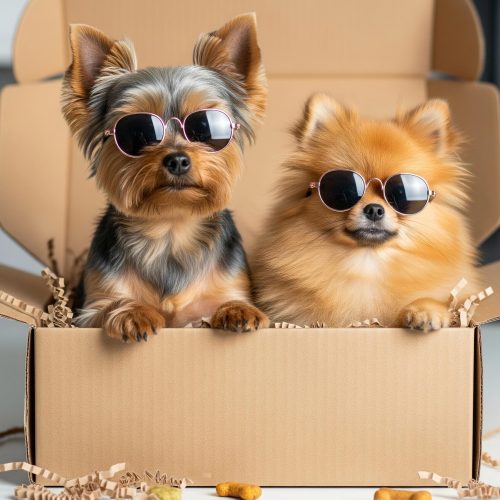 Two adorable small dogs with sunglasses, representing the Bi-Weekly Relief package (Bi-Weekly) pooper scooper service.