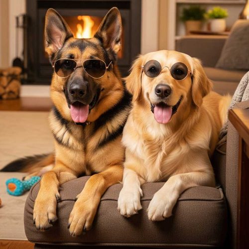 A Golden Retriever and a German Shepherd in cool sunglasses laying on the couch representing the Double-Dooty (Twice a week) pooper scooper service