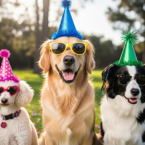 3 dogs wearing sunglasse and party hats, representing the ScoopDawg Squad One and Done (one time cleanup) dog poop removal service.