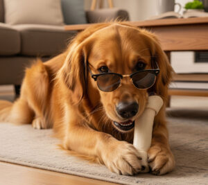 Golden retriever with sunglasses, representing the Basic Bone (Weekly) pooper scooper service.