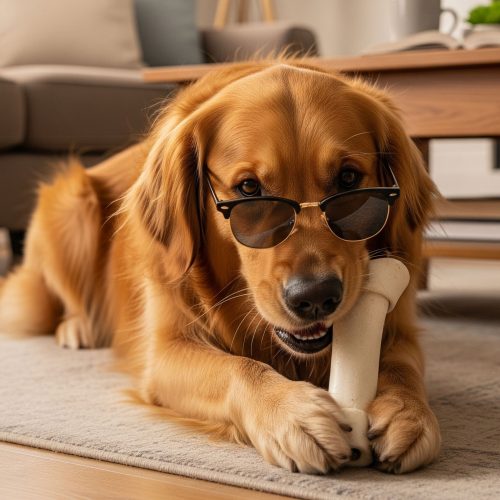 Golden retriever with sunglasses, representing the Basic Bone (Weekly) pooper scooper service.