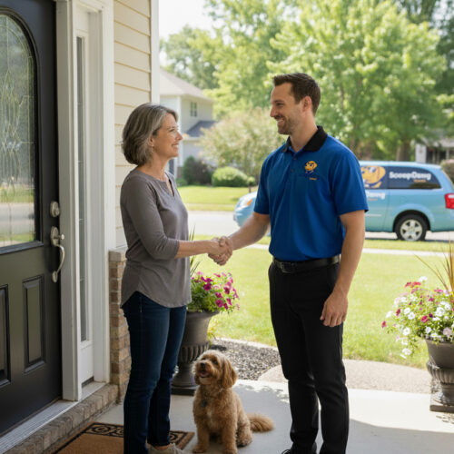 A Scoopdawg Squad employee being friendly and shaking a customers hand