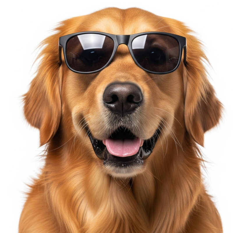 A golden retriever in sunglasses representing the Scoopdawg Squads Our Services page for pooper scooper services