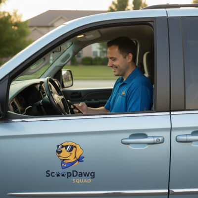 An image of a ScoopDawg Squad technician insider the company blue van ready to perform their pooper scooper services in Springfield, MO