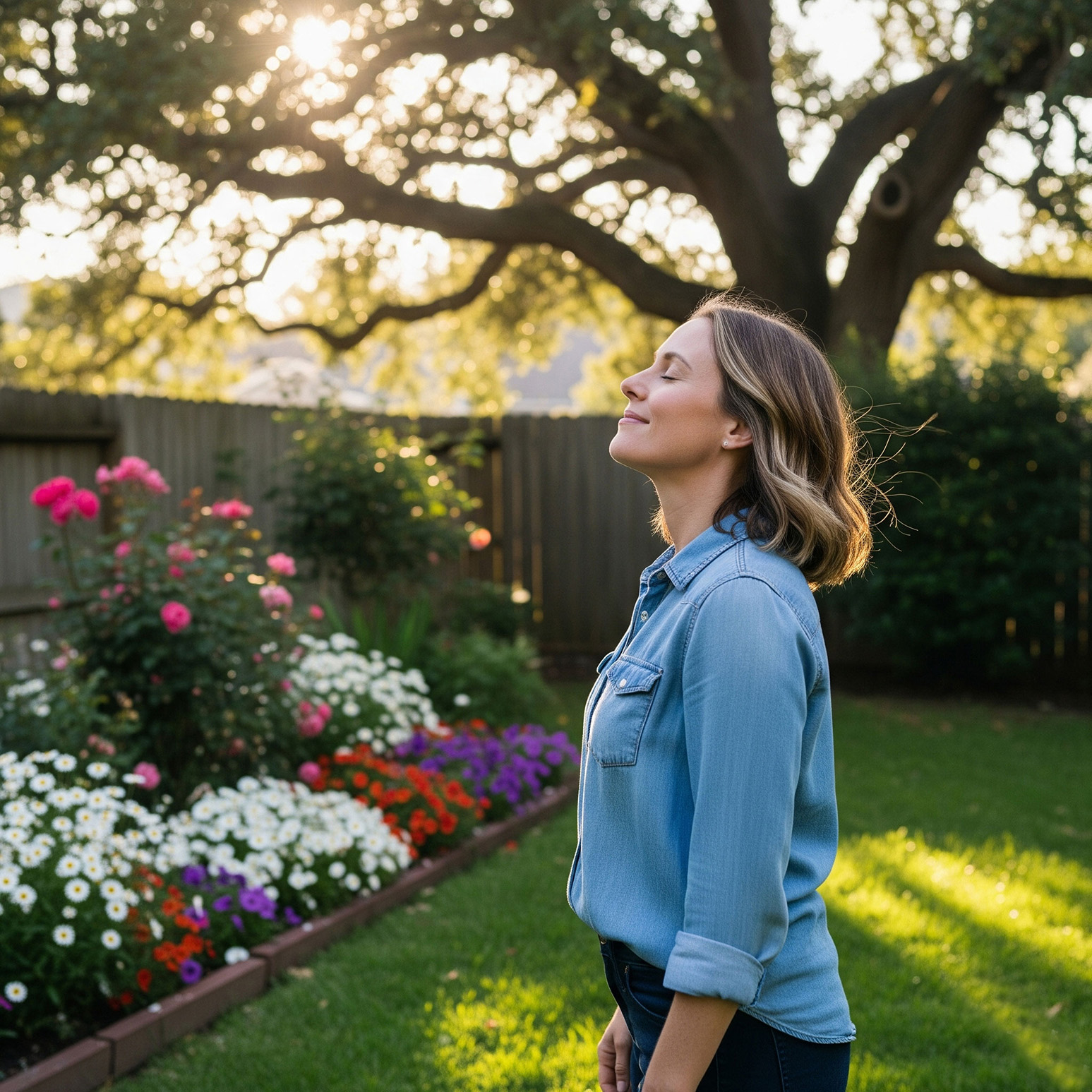 a woman taking in the fresh air representing the benefits of having a clean yard that has been services by ScoopDawg Squad dog waste management services